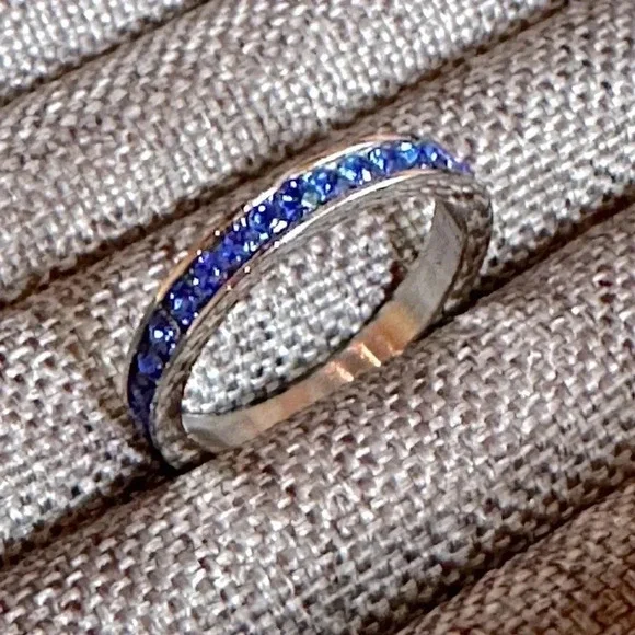 Blue Sapphire Colored CZ Stainless Steel Eternity Band Ring September Birthstone - Picture 3 of 7